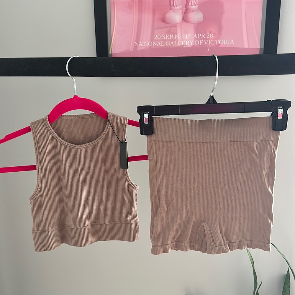 SKIMS Stretch Rib Desert High Neck Bra and Short Set Size Small NWT